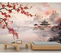 Peinture murale japonaise en fleur de cerisier - Peinture à l'encre - Papier peint montagnes pour salon, chambre à coucher, paysage - 200 x 200 cm - Ne se décolle pas et ne colle pas