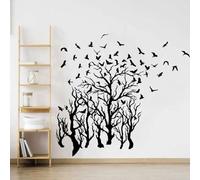 Peinture murale noire à motifs de branches forêt d’oiseaux volants autocollants murals d’automne art de chambre décoration murale