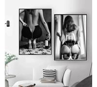 Peinture murale noire et blanche pour femmes avec verre à vin, affiches et impressions de fille sexy, image corporelle pour chambre à coucher, décoration d'intérieur, 80 x 120 cm x 2 sans cadre