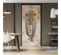 Peinture Murale Stickers, Afrique Savane Animaux Léopard Sticker mural Porte - Faune Sauvage Autocollant mural décoration, 80 x 210 cm Amovible Poster de Porte, Brun Clair Intérieure Muraux Pvc