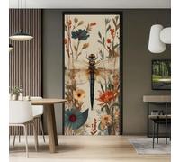Peinture Murale Stickers, Aquarelle Baies Libellule Fleurs Florales Sticker mural Porte - Insectes Rétro Autocollant mural, 88 x 200 cm Amovible Poster de Porte, Beige Intérieure Muraux Pvc