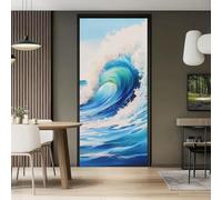 Peinture Murale Stickers Porte, Bleu Sticker mural Porte Trompe l'Oeil - Aquarelle Abstrait Eau De Mer Vagues Autocollant mural décoration, 77 x 200 cm Amovible Poster de Porte, Intérieure Muraux Pvc