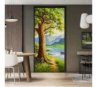 Peinture Murale Stickers Porte, Vert Sticker mural Porte Trompe l'Oeil - Dessins Animés Lacs Plantes Arbres Autocollant mural décoration, 90 x 200 cm Amovible Poster de Porte, Intérieure Muraux Pvc
