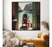 Peinture murale sur toile « Sérénité en bord de mer », affiches et impressions d'une femme afro-américaine lisant, art mural côtier, tableau décoratif de scène de détente (65x65cm/sans cadre)