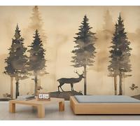 Peinture murale vintage forêt brumeuse grise, sapins, cerfs sauvages, animaux de la forêt, papier peint qui ne se décolle pas et ne colle pas pour salon, chambre à coucher, 500 x 317 cm