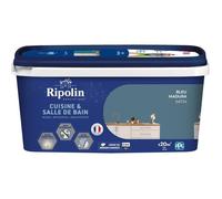 RIPOLIN - Peinture Intérieure Cuisine et Bain - Murs, Boiseries et Radiateurs - Adapté Pièces Humides - Effet Perlant - Lessivable - Haute Résistance - Bleu Madura - Satin - 2L
