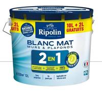 Peinture Murs et Plafonds 2 en 1 Blanc Mat Ripolin 10L + 2L s