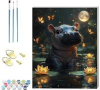Peinture Numero Adulte avec Cadre Hippopotame Peinture Numero Lune, DIY Canevas Kit Complet Adulte, Loisirs Créatifs Adultes, Paint by Numbers Kit avec Pinceaux, Décoration Maison 20x30cm 0-8618
