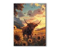 Peinture Numero Adulte Bovins des Highlands, Peinture Numero Adulte avec Cadre 20x30cm, 5D DIY Coucher de soleil Paint by Numbers avec Pinceaux et Peintures Acryliques, Loisirs Créatifs Adultes 0R-159