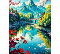 Peinture Numero Adulte Kits,Montagnes du pont du lac Peinture par Numero,DIY Acrylique Kit de Peinture à l'huile sur Toile,avec Pinceaux Peinture par Numéro pour Décor Murale Sans Cadre,50x65cm