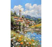 Peinture Numero Adulte Kits,Nuage du village fluvial Peinture par Numero,DIY Acrylique Kit de Peinture à l'huile sur Toile,avec Pinceaux Peinture par Numéro pour Décor Murale avec cadre,45x60cm
