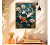 Peinture Numero Adulte Koï, Lotus Peinture par Numero D'art Enfant Débutants, Coloriage Numerote Adulte Loisirs Créatifs avec Pigment Acrylique et 3 Pinceaux pour Decoration Maison, 50x70cm,Model 934