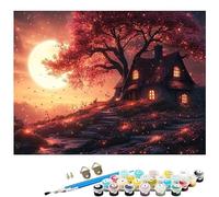 Peinture Numero Adulte lune cabane dans les arbres Peinture Numero DIY Creatif Numéro d'Art pour Adultes Débutants avec 3 Pinceaux et Acrylique, Décoration Murale Cadeau 30 x 40 CM (Sans Cadre) L8-437