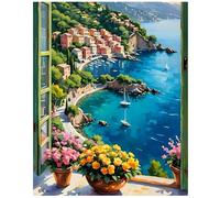 Peinture Numero Adulte Paysage, Peinture par Numero Adulte Rebord de Fenêtre Paysage, Peinture Numero Villes Balnéaires, Kits de Peinture au Numéro pour Décoration Maison et Cadeau 40x50 cm