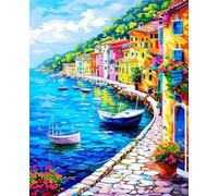 Peinture Numero Adulte, Petite Ville Peinture par Numero Adulte Enfants DIY Paint by Numbers Bateau avec Pigment et Pinceaux, Kit de Loisirs Créatifs pour Decoration Maison 40x50cm (Sans Cadre) R-71