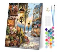 Peinture Numero Adulte Scène de Rue d'une Petite Ville avec Cadre, Paint by Numbers avec Pinceaux Peintures Acryliques, Kit de Peinture à l'huile sur Toile pour Décoration de la Maison 30x40cm
