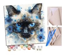 Peinture par Numero Adulte Aquarelle Marguerite bleue et chat siamois (13) DIY Peinture à l'huile Numéros Toile Paint by Numbers Peindre par Nombre Kits sans Cadre 40x40cm