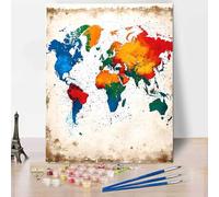 Peinture par Numéro Adulte avec Cadre Carte du Monde - Peinture Numero Enfant Carte Activité Manuelle Kit de Loisir Créatif DIY Numéro d'Art Complet - pour la Décoration de la Maison 50 x 65 cm E-D