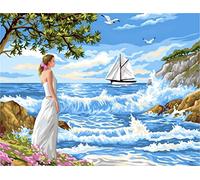 Peinture par Numéro Adulte avec Pinceaux Acrylique Bricolage Toile Peintures Kits Paint by Numbers pour Adultes Enfants,pour la Décor Lntérieure Maison sans Cadre 60x75cm Fille de la vague de la mer