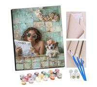 Peinture par Numéro Adulte Belle femme et son chien lisant le journal 40x50cm Bricolage Tableau Peindre par Nombre Jouets à peindre, cadeaux peints à la main Home Decor Avec cadre