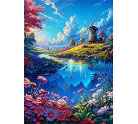 Peinture par Numéro Adulte Fleurs de la rive Moulin à vent,avec Pinceaux et Acrylique Bricolage Toile Peintures Kits Paint by Numbers pour Débutant Décoration Lntérieure Maison sans Cadre,50x65 cm