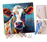 Peinture par Numero Adulte Kit Peinture Adulte Enfant Comprend des Peintures Acryliques et des Pinceaux - Vache à motifs colorés (1) Sans Cadre (Toile 40x40 cm)