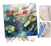 Peinture par Numero Adulte Kit Peinture Adulte Enfant Comprend des Peintures Acryliques et des Pinceaux - poissons rouges plantes aquatiques pierres lotus (4) Sans Cadre (Toile 40x40 cm)
