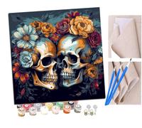 Peinture par Numero Adulte Kit Peinture Adulte Enfant Comprend des Peintures Acryliques et des Pinceaux - Couple crâne amour fleurs colorées (2) Sans Cadre (Toile 40x40 cm)