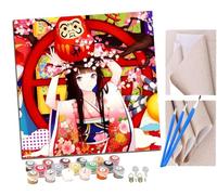 Peinture par Numero Adulte Kit Peinture Adulte Enfant Comprend des Peintures Acryliques et des Pinceaux - Fille japonaise animée en kimono geisha (70) Sans Cadre (Toile 40x40 cm)