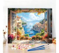 Peinture par Numero Adulte Paysage Peinture Numero Rebord De Fenêtre Diamond Painting, DIY Creatif Toile 100x70cm Numéro d'art Complet Painting by Numbers pour Chambre Décoration Murale, Cadeau W6-558