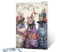 Peinture par numéro avec trois oiseaux portant des chapeaux et des lunettes fantaisie pour adultes débutants Noble Oiseaux à faire soi-même Dessin numérique amusant et élégant Décoration murale Cadeau