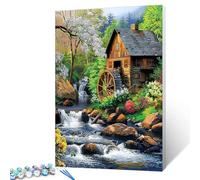 Peinture par numéro Cabane de forêt entourée de fleurs et d'arbres, peinture sur toile avec pinceaux, peinture acrylique parfaite pour la peinture par numéros pour adultes et enfants