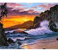 Peinture par Numero Coucher De Soleil Plage Cocotier Paysage avec Brosses et Peintures Acryliques DIY Ensemble Complet Peinture à l'huile Kit pour Enfants et Adultes 40x50Cm Sans cadre