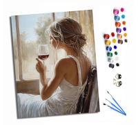 Peinture par numéros DIY par numéros pour adultes Peinture par numéros Kits sur toile avec pinceaux pour décoration murale de la maison 40 x 50 cm Jeune fille buvant du vin rouge près de la fenêtre