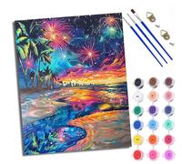 Peinture par numéros DIY par numéros pour adultes Vue nocturne de la plage avec feux d'artifice Peinture par numéros Kits sur toile avec pinceaux pour décoration murale de la maison Avec cadre