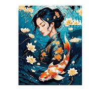 Peinture par Numéros Femme japonaise Koi DIY Peinture Acrylique pour Adultes Débutants avec Pinceaux Kit de Peinture à l'huile sur Toile pour Décoration Murale Maison,avec Cadre 50x65 cm