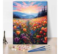 Peinture par numéros - Motif fleurs - Champ de tulipes au coucher du soleil dans les montagnes - Peinture par numéro pour adultes - Peinture par numéros avec pinceaux - Peinture facile par numéros -