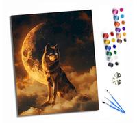 Peinture par numéros par numéros pour adultes Peinture par numéros Kits sur toile avec pinceaux pour décoration murale de la maison 40 x 50 cm Avec cadre Un loup se tient sur un nuage sous la lune.