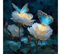 Peinture par Numéros pour Adulte, Kits de Peinture au Numéro avec Acrylique et Pinceaux Pour Adultes Débutants, DIY Creatif Toile Paint by Numbers Décoration, Fleurs Blanches Papillons, 90x90cm WJY530