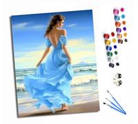 Peinture par Numéros pour Adulte Peinture Acrylique pour Adultes Débutants Kit de à l'huile sur Toile pour Décoration Murale Maison Avec cadre Une femme en robe bleue se promène le long de la plage.