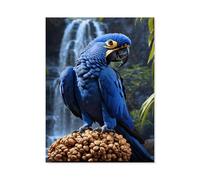 Peinture Par Numéros Pour Adultes Débutants，Ara jacinthe devant une cascade tropicale，Kits De Peinture À L'Huile Numérique Bricolage Sur Toile Avec Pinceaux Et Pigments Acryliques(40x50cm）-AG74