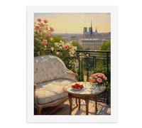 Peinture par numéros - Un balcon confortable orné de fleurs, fraises, flûtes à champagne et vue de Paris - Kit de peinture numérique pour adultes - Créez votre propre scène magique - Fournitures d'art