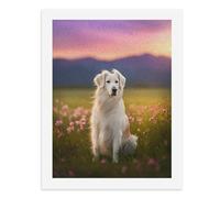 Peinture par numéros - Un beau chien blanc assis dans un champ de fleurs roses - Kit de peinture numérique pour adultes - Créez votre propre scène magique - Fournitures d'art sans cadre - 40 x 50 cm