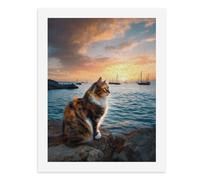 Peinture par numéros Un beau coucher de soleil au bord de la mer avec un chat assis sur un rocher Kit de peinture numérique pour adultes Créez votre propre scène magique Fournitures d'art sans cadre