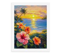 Peinture par numéros Un beau coucher de soleil sur l'océan avec des fleurs d'hibiscus vibrantes au premier plan Kit de peinture numérique pour adultes Créez votre propre scène magique Fournitures