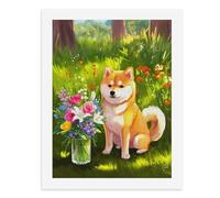 Peinture par numéros Un mignon Shiba Inu assis à côté d'un vase de fleurs colorées dans une forêt ensoleillée Kit de peinture numérique pour adultes Créez votre propre scène magique Fournitures d'art