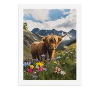 Peinture par numéros Une vache des Highlands se tient au milieu de fleurs sauvages colorées dans un paysage montagneux Kit de peinture numérique pour adultes Créez votre propre scène magique