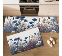 Peinture Rétro À La Main 2 Pièces Tapis de Cuisine, Antidérapant Absorbant,Bleu foncé Tapis de Coureur, Plantes Fleurs Champs Fleurs Imprimé Paillasson Cuisine, 44x70+44x120cm