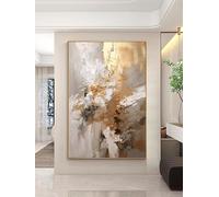 Peinture sur feuille d'or moderne gris sur toile pour salon, art mural abstrait moderne prêt à accrocher 70 x 130 cm avec cadre noir