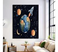 Peinture Sur Toile Impression Tableaux Dessin Animé, Espace Terre Vaisseau Spatial Affiches Murale Art Tableaux, Salon Chambre Decoration à La Maison Peintures, Sans Cadre 40x50cm, Noir
